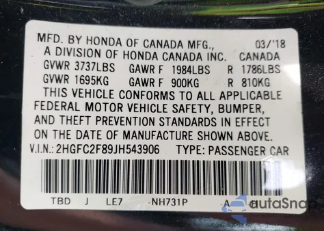 2018 Honda Civic Ex from USA, damaged, VIN 2HGFC2F89JH543906